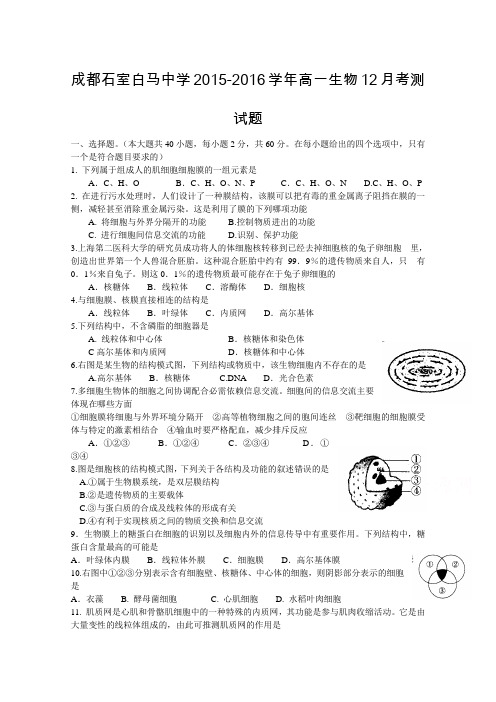 四川省成都石室白马中学2015-2016学年高一12月考生物试题Word版含答案