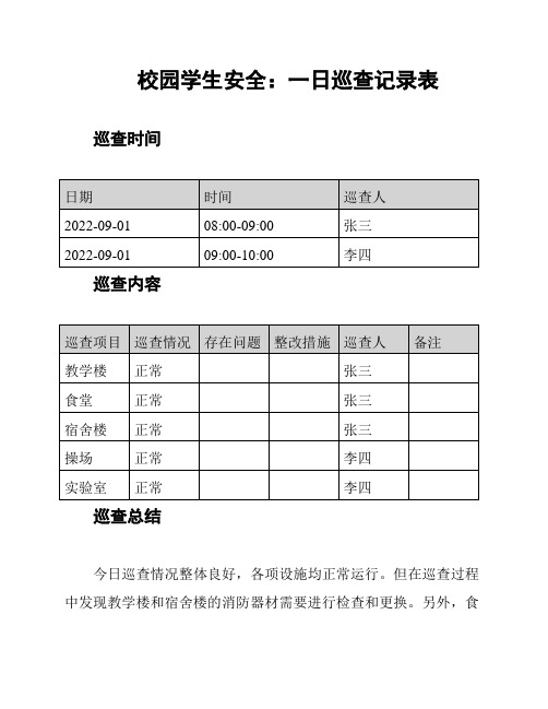 校园学生安全：一日巡查记录表