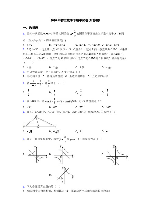 2020年初三数学下期中试卷(附答案)