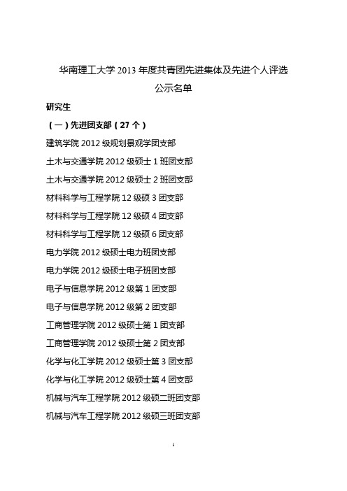 华南理工大学2013年度共青团先进集体及先进个人评选