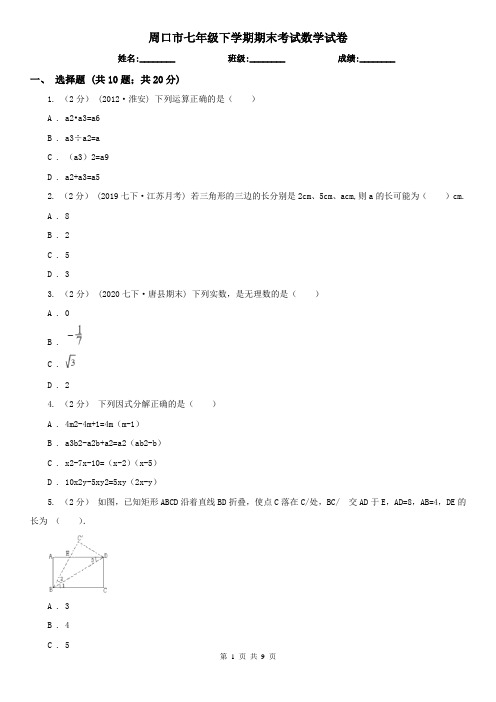 周口市七年级下学期期末考试数学试卷    