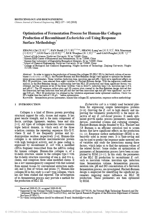 响应面法优化以重组大肠杆菌发酵生产类人胶原蛋白过程_英文_