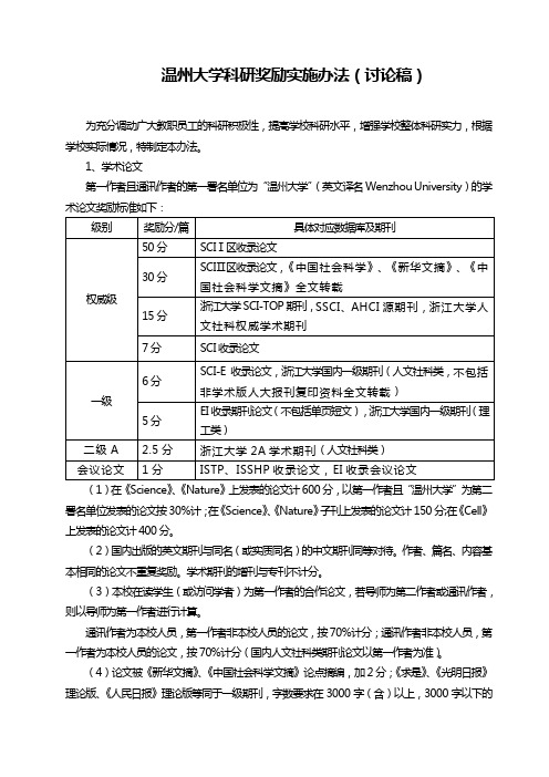 温州大学科研奖励实施办法(讨论稿)【模板】