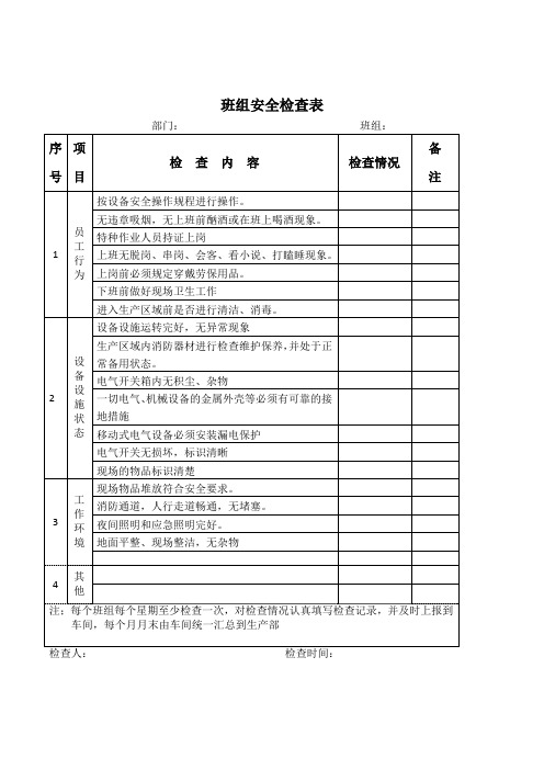 班组安全检查表参考模板范本