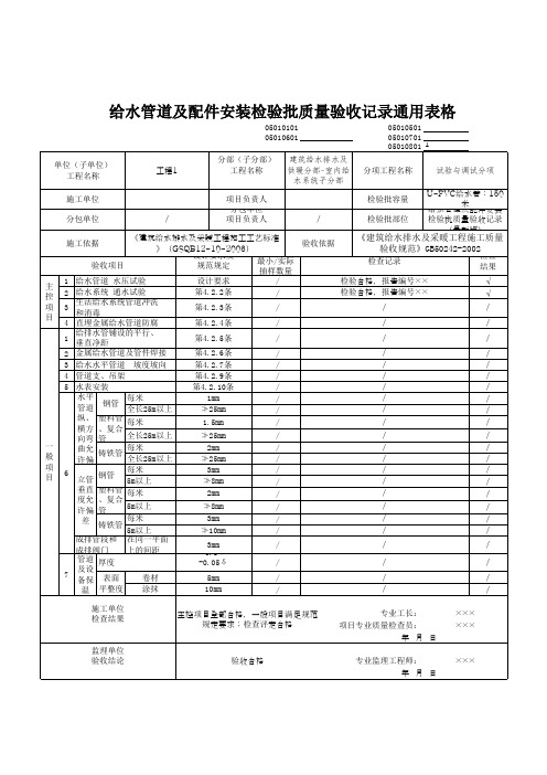 给水管道及配件安装检验批质量验收记录通用表格