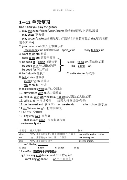 七年级英语下册(1-12)单元重点短语和句型复习