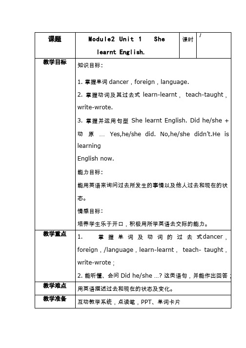 小学英语《Module2 Unit 1 She learnt English》优质课教学设计、教案