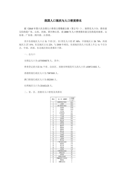 我国各省区直辖市人口密度排名