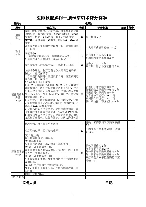 医师技能操作—腰椎穿刺术评分标准