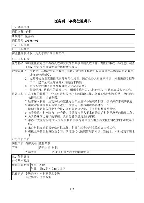 医院医务科干事岗位说明书