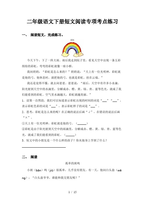 二年级语文下册短文阅读专项考点练习