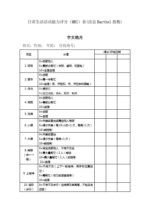 日常生活活动能力评分(MBI)表(改良Barthel指数)