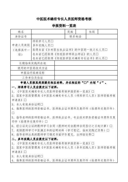 中医医术确有专长人员医师资格考核申报资料一览表