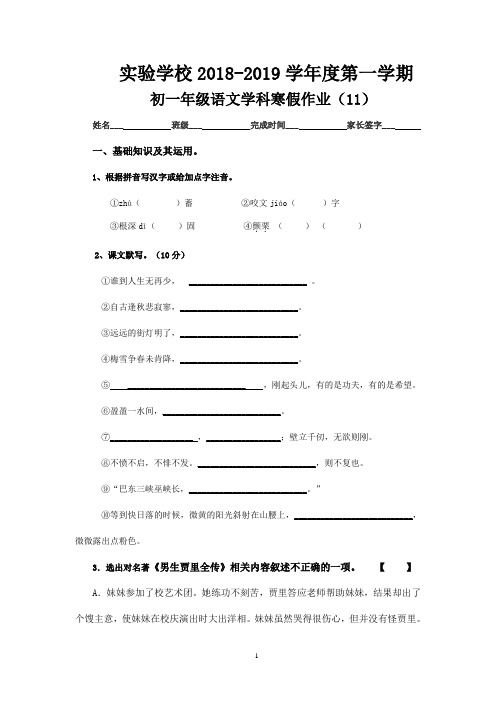 实验学校初一年级语文学科寒假作业(11)(含答案)