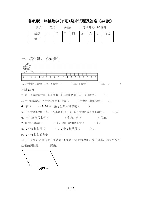 鲁教版二年级数学(下册)期末试题及答案(A4版)