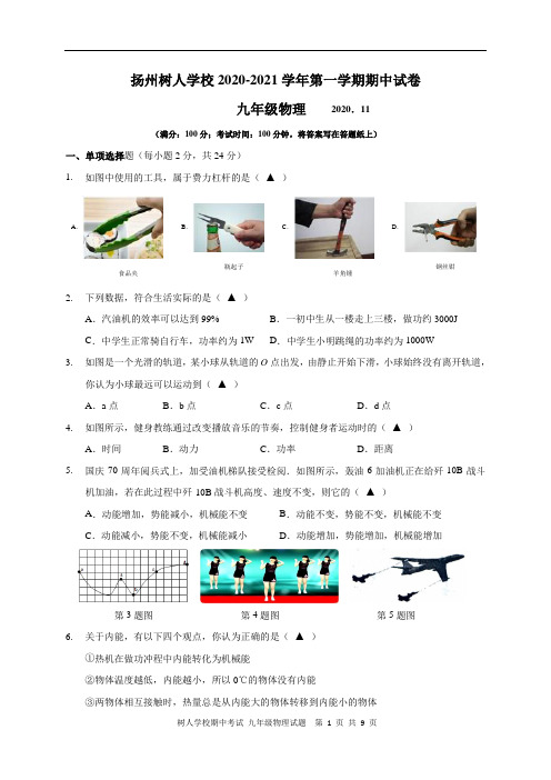 江苏省扬州中学教育集团树人学校2021届九年级上学期期中考试物理试题(无答案)