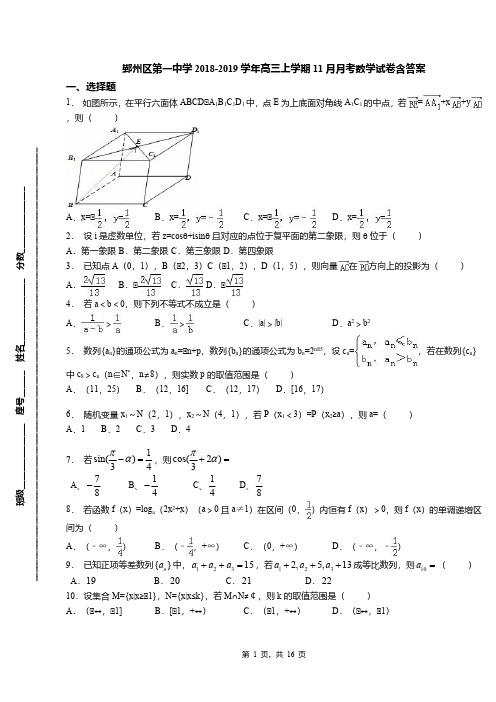 鄞州区第一中学2018-2019学年高三上学期11月月考数学试卷含答案