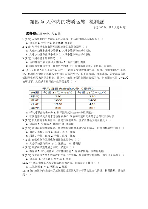 济南版七年级下册第四章检测题人体内代谢废物的排出测试题(无答案)