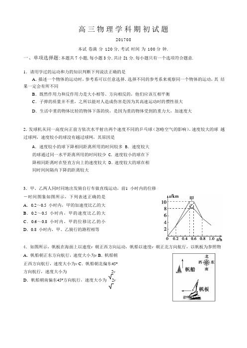 江苏省宝应中学2018届高三上学期开学考试物理试题