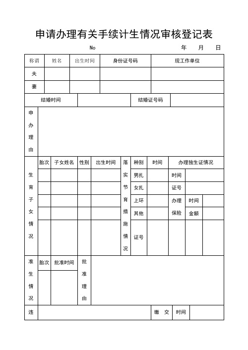 申请办理有关手续计生情况审核登记表(1)