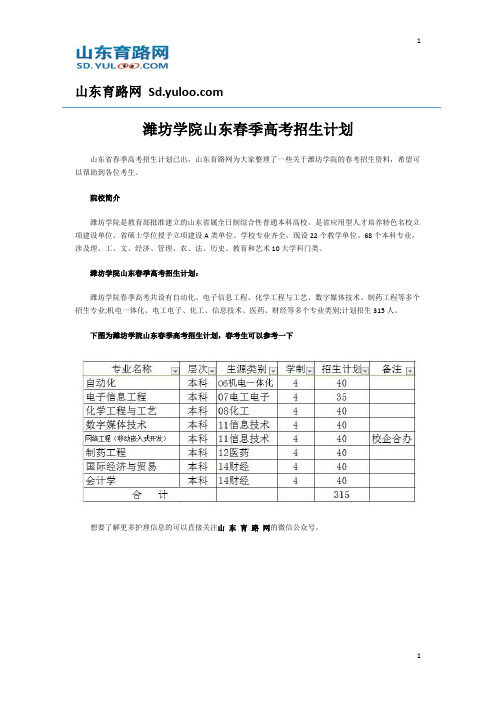 潍坊学院山东春季高考招生计划