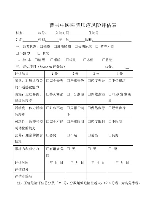 压疮风险评估表