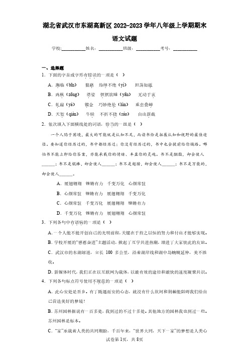 湖北省武汉市东湖高新区2022-2023学年八年级上学期期末语文试题(含答案解析)