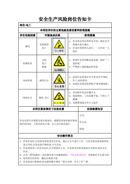 安全生产风险岗位告知卡