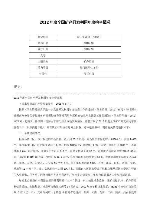 2012年度全国矿产开发利用年度检查情况-