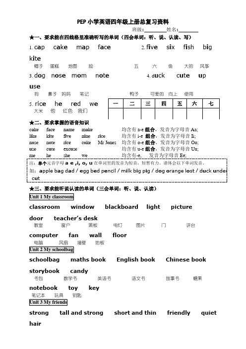 四年级上册英语素材-期末总复习资料 人教PEP版