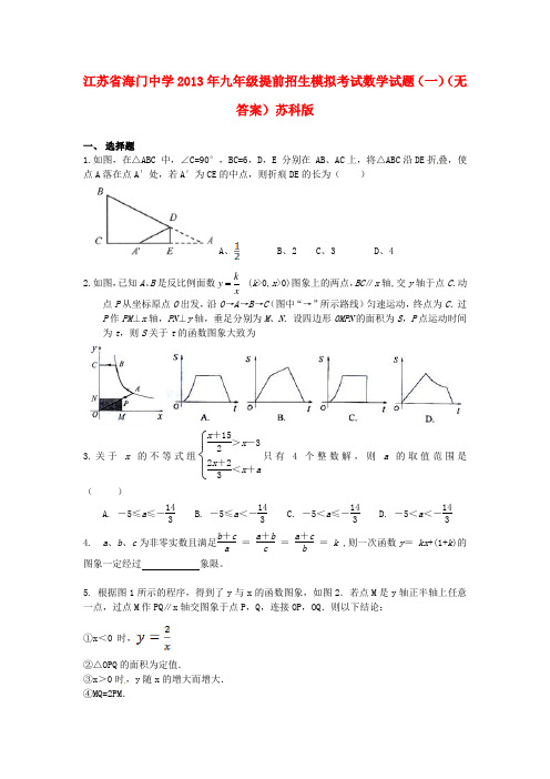 江苏省海门市九年级数学提前招生模拟考试试题(一)(无答案) 苏科版