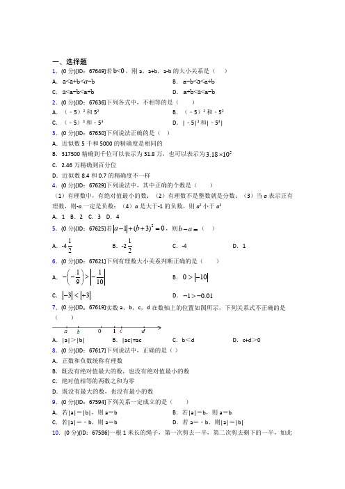 杭州绿城育华学校人教版初中七年级数学上册第一章《有理数》模拟检测(含答案解析)