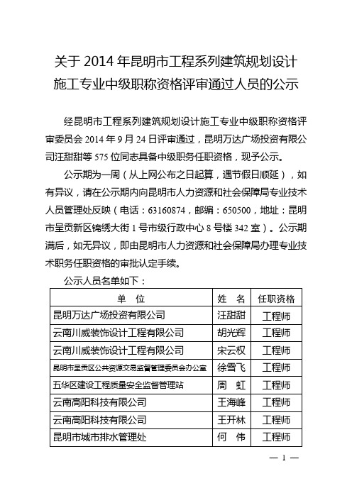 关于2014年昆明市工程系列建筑规划设计