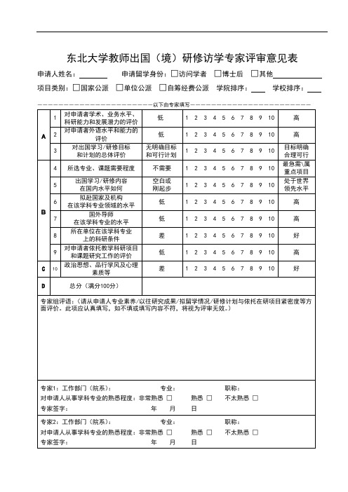 东北大学教师出国境研修访学专家评审意见表