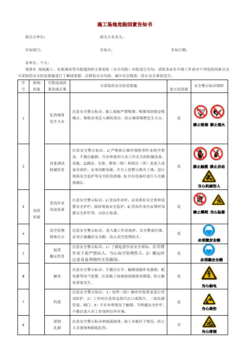 施工场地危险因素告知书(相关方告知)