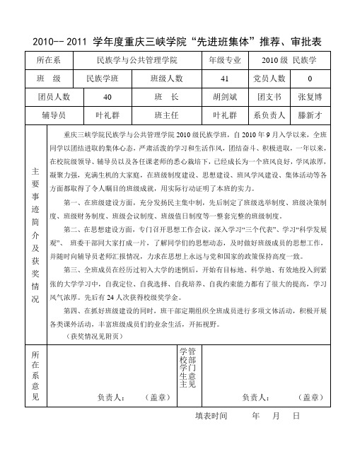 重庆三峡学院“先进班集体”推荐、审批表