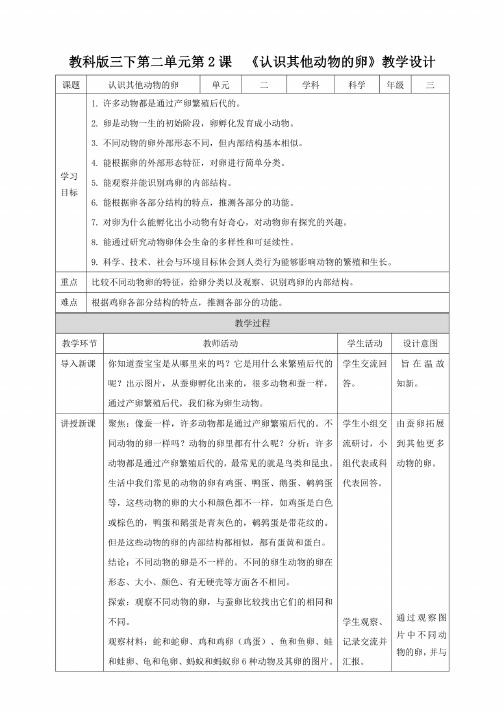 新教材（教科版）小学科学三年级下册第二单元第2课《认识其他动物的卵》教案