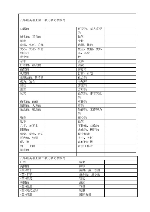 译林版八年级上册英语单词默写表