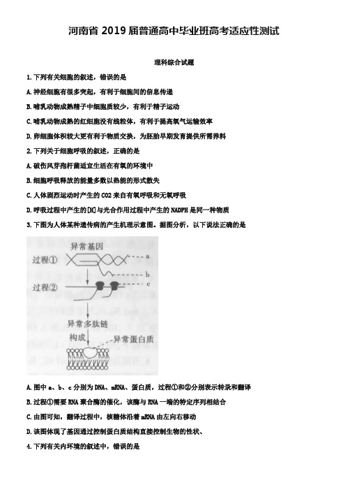 河南省2019届普通高中毕业班高考适应性测试理科综合试题及答案