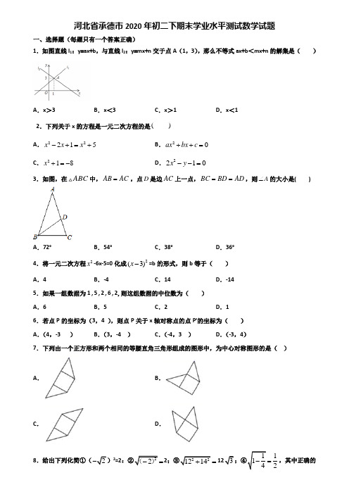 河北省承德市2020年初二下期末学业水平测试数学试题含解析