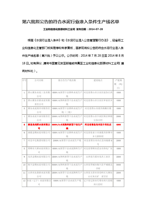 第六批拟公告的符合水泥行业准入条件生产线名单