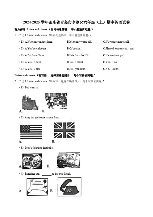 山东省青岛市李沧区2024-2025学年六年级上册期中英语试卷(含笔试解析,无听力原文,无听力音频)