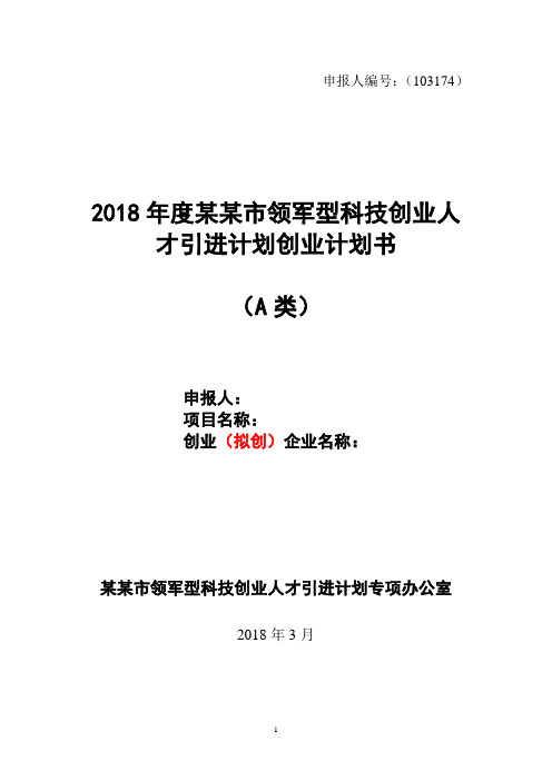 XX市领军型科技创业人才引进计划创业计划书