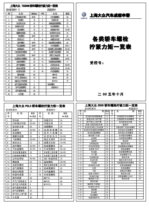 各类轿车螺栓拧紧力矩一览表