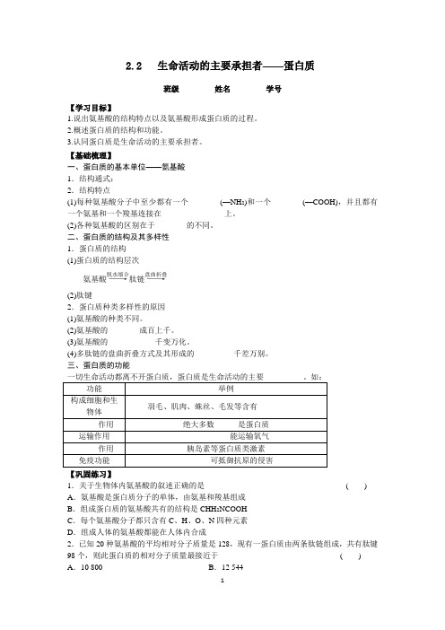 人教版高一生物必修1第二章第2节《生命活动的主要承担者——蛋白质》学案含答案