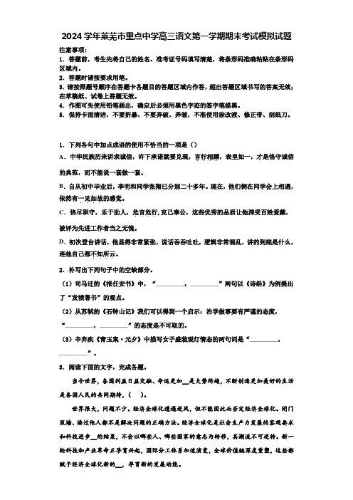 2024学年莱芜市重点中学高三语文第一学期期末考试模拟试题含解析