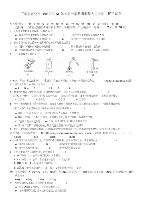 广东省东莞市2012-2013学年第一学期期末考试九年级化学试卷(word版)