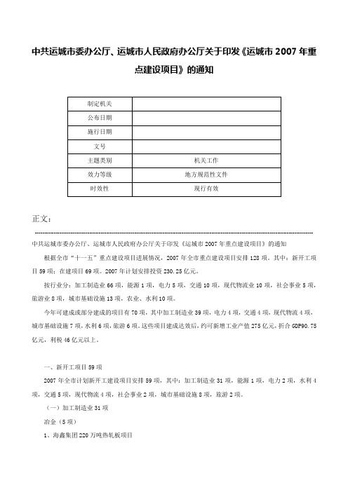 中共运城市委办公厅、运城市人民政府办公厅关于印发《运城市2007年重点建设项目》的通知-