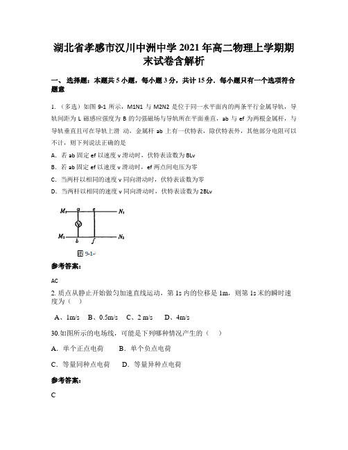 湖北省孝感市汉川中洲中学2021年高二物理上学期期末试卷含解析