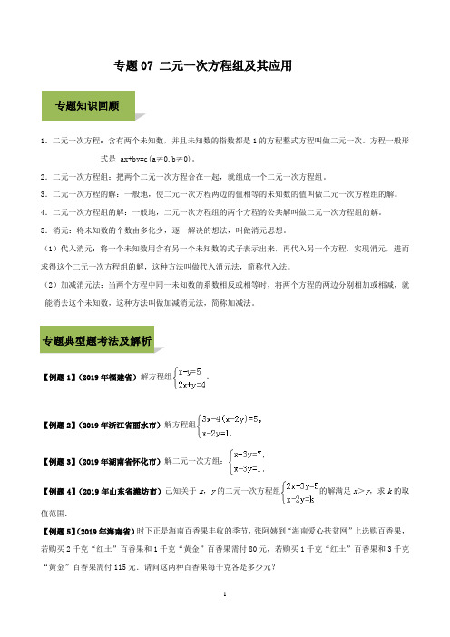 专题07 二元一次方程组及其应用(原卷版)